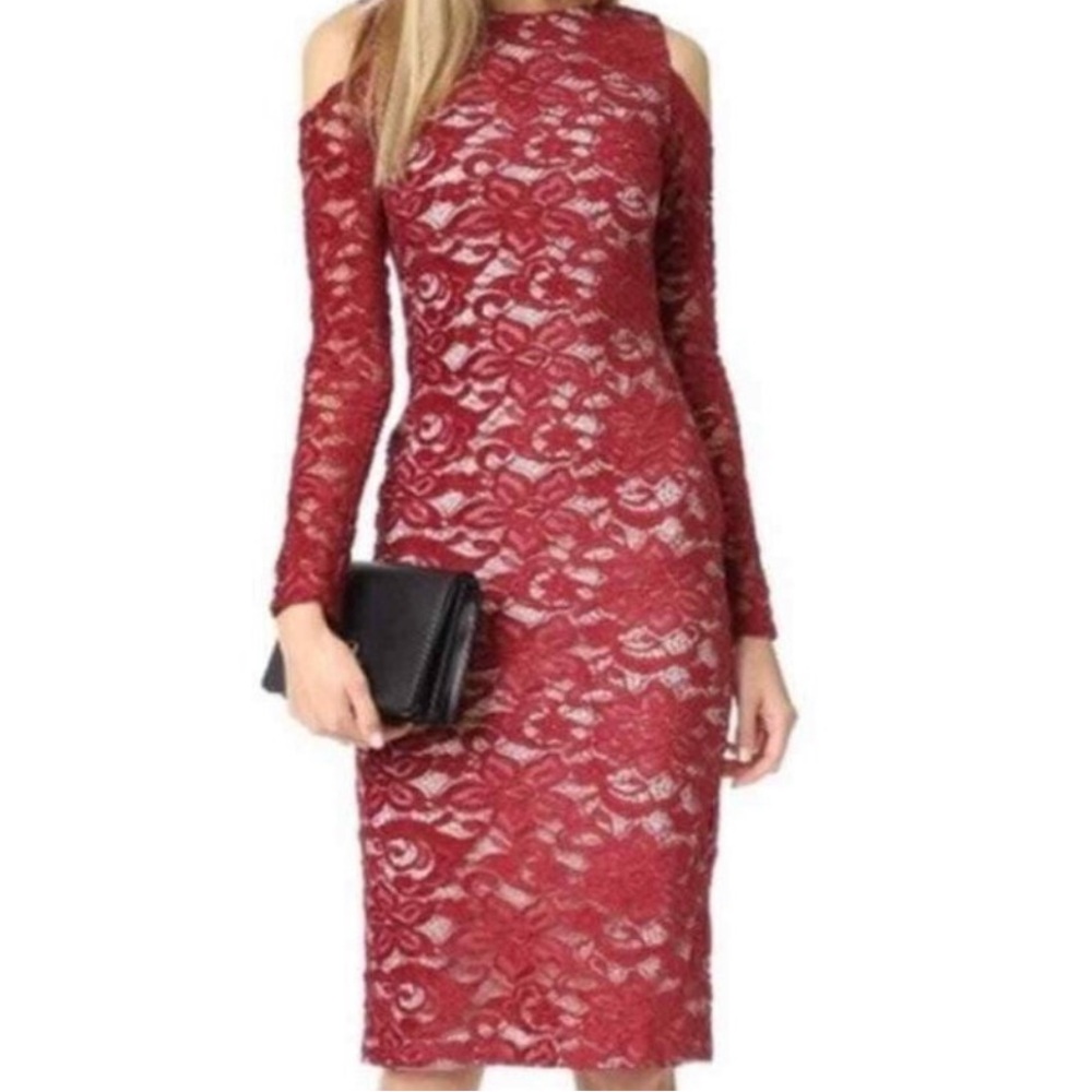 Alice + Olivia Laila Cold Shoulder Burgundy Lace Overlay Midi Dress size 0